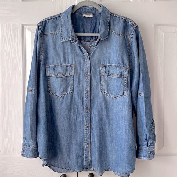 ANA Long Sleeve Chambray Button Down Denim Shirt Medium Blue Denim PXXL so soft - Picture 1 of 10